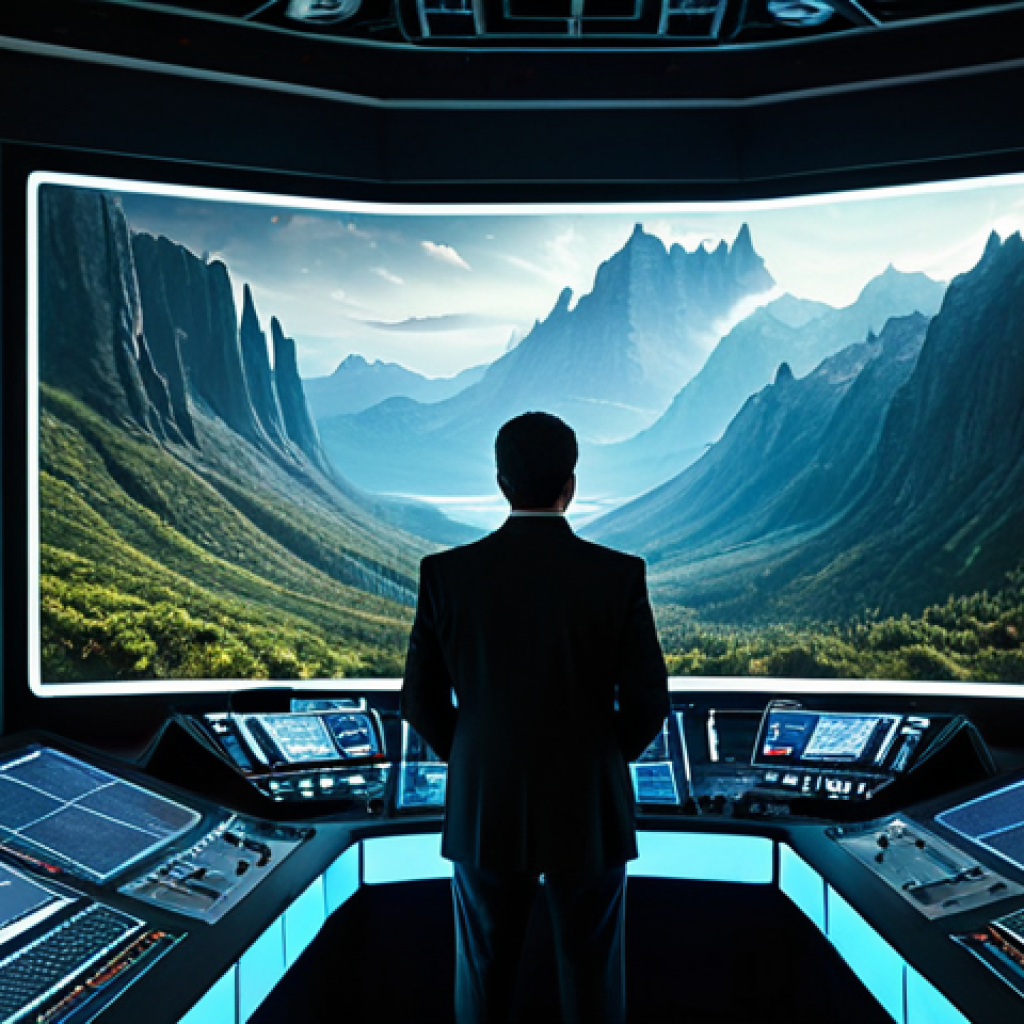 A visionary film director, fully clothed in professional dress, stands confidently in a high-tech, futuristic control room. Large holographic screens surround the director, displaying breathtaking cinematic projections of epic science fiction landscapes, including lush alien bioluminescent forests and intricate mechanical marvels. Advanced film equipment and glowing data streams enhance the innovative atmosphere. The scene is captured with cinematic lighting and an epic scale, emphasizing the pioneering spirit. safe for work, appropriate content, fully clothed, professional, perfect anatomy, correct proportions, natural pose, well-formed hands, proper finger count, natural body proportions.