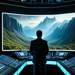 A visionary film director, fully clothed in professional dress, stands confidently in a high-tech, futuristic control room. Large holographic screens surround the director, displaying breathtaking cinematic projections of epic science fiction landscapes, including lush alien bioluminescent forests and intricate mechanical marvels. Advanced film equipment and glowing data streams enhance the innovative atmosphere. The scene is captured with cinematic lighting and an epic scale, emphasizing the pioneering spirit. safe for work, appropriate content, fully clothed, professional, perfect anatomy, correct proportions, natural pose, well-formed hands, proper finger count, natural body proportions.