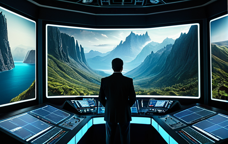 A visionary film director, fully clothed in professional dress, stands confidently in a high-tech, futuristic control room. Large holographic screens surround the director, displaying breathtaking cinematic projections of epic science fiction landscapes, including lush alien bioluminescent forests and intricate mechanical marvels. Advanced film equipment and glowing data streams enhance the innovative atmosphere. The scene is captured with cinematic lighting and an epic scale, emphasizing the pioneering spirit. safe for work, appropriate content, fully clothed, professional, perfect anatomy, correct proportions, natural pose, well-formed hands, proper finger count, natural body proportions.