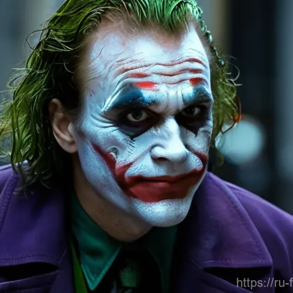 다크 나이트 영화 평론 - **Prompt:** A close-up, unsettling portrait of the Joker from *The Dark Knight*, depicted with his i...