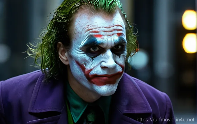 다크 나이트 영화 평론 - **Prompt:** A close-up, unsettling portrait of the Joker from *The Dark Knight*, depicted with his i...