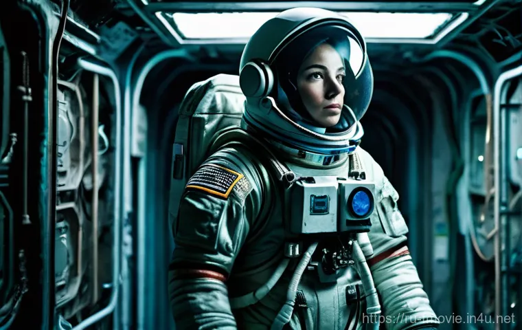 리들리 스콧 대표작 - **Isolated Astronaut in Derelict Spaceship:** A solitary female astronaut, wearing a fully sealed, s...