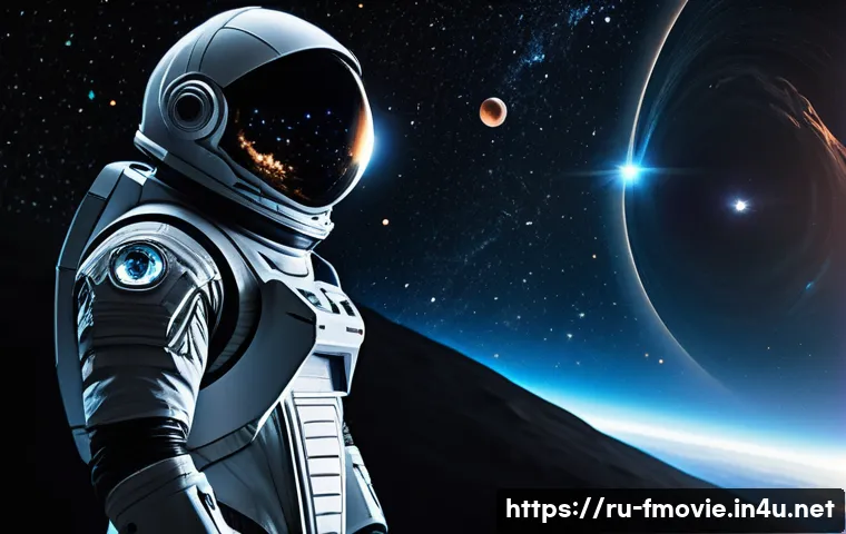 인터스텔라 감독 크리스토퍼 놀란 - A cinematic scene showcasing a futuristic spaceship navigating near a colossal, realistically render...
