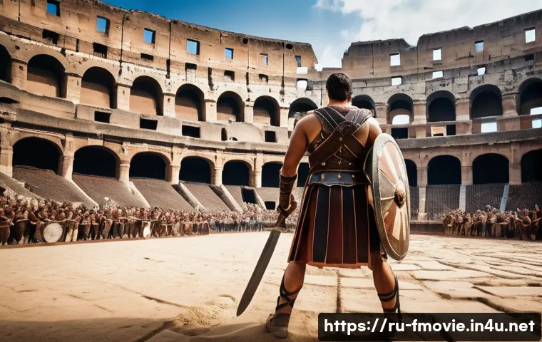 글래디에이터 명장면 - A detailed and dramatic scene of a Roman gladiator arena battle inside the Colosseum during ancient ...