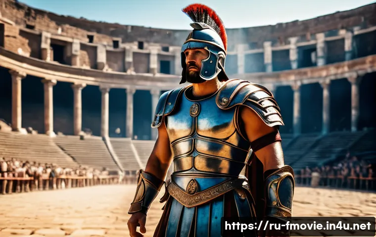 글래디에이터 제작 비화 - A grand ancient Roman gladiatorial arena scene during a fierce battle, filmed with natural sunlight ...