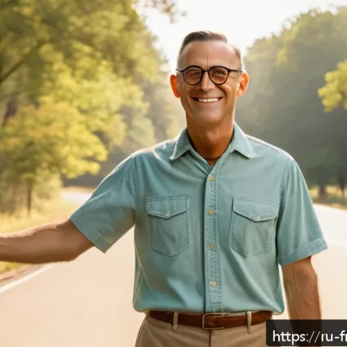 포레스트 검프 평점 및 분석 - A heartfelt scene of a simple, sincere man resembling Forrest Gump, standing on a peaceful rural roa...