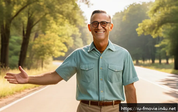 포레스트 검프 평점 및 분석 - A heartfelt scene of a simple, sincere man resembling Forrest Gump, standing on a peaceful rural roa...