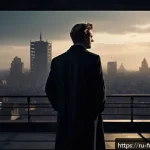 인셉션 감독 크리스토퍼 놀란 - A cinematic scene inspired by Christopher Nolan&rsquo;s visual style: a dimly lit urban rooftop at twiligh...