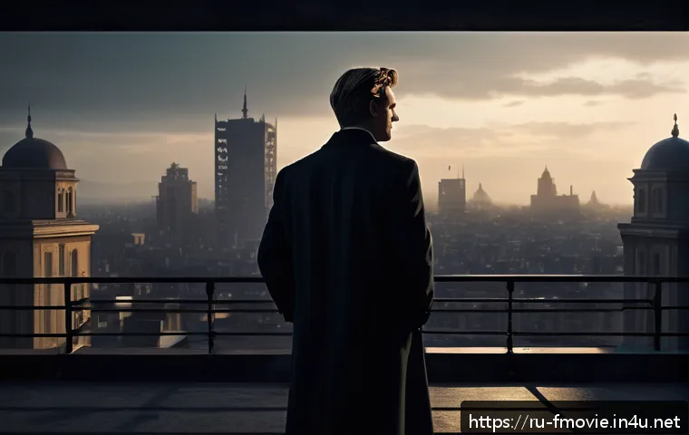 인셉션 감독 크리스토퍼 놀란 - A cinematic scene inspired by Christopher Nolan’s visual style: a dimly lit urban rooftop at twiligh...