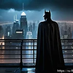 다크 나이트 시리즈와 DC 세계관 - A dark and moody urban landscape of Gotham City at night, depicted with hyper-realistic detail showi...