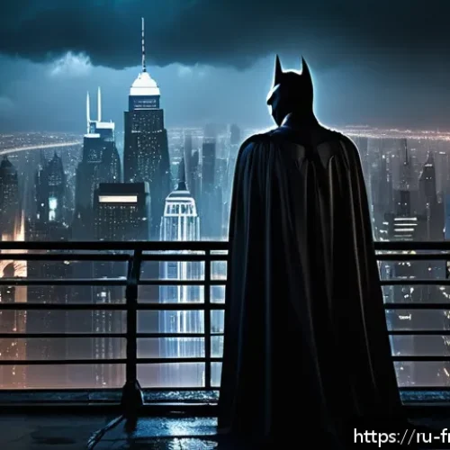 다크 나이트 시리즈와 DC 세계관 - A dark and moody urban landscape of Gotham City at night, depicted with hyper-realistic detail showi...
