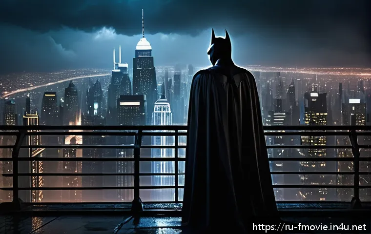 다크 나이트 시리즈와 DC 세계관 - A dark and moody urban landscape of Gotham City at night, depicted with hyper-realistic detail showi...
